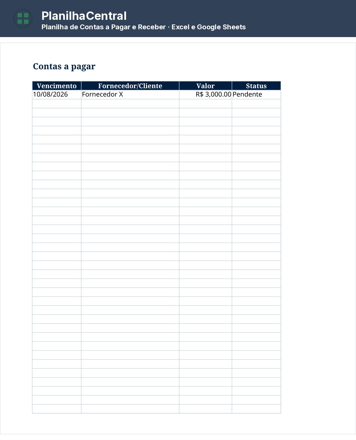Planilha de contas a pagar e receber com visão dupla e saldo projetado