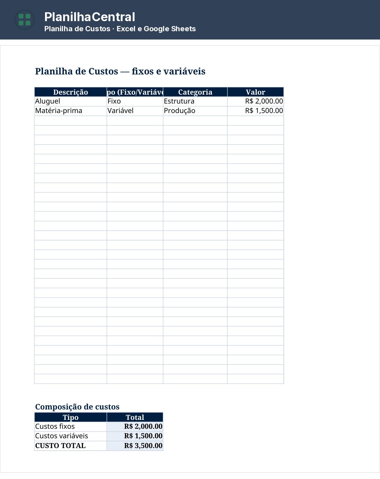 Planilha de custos separando fixos e variáveis com total automático por categoria