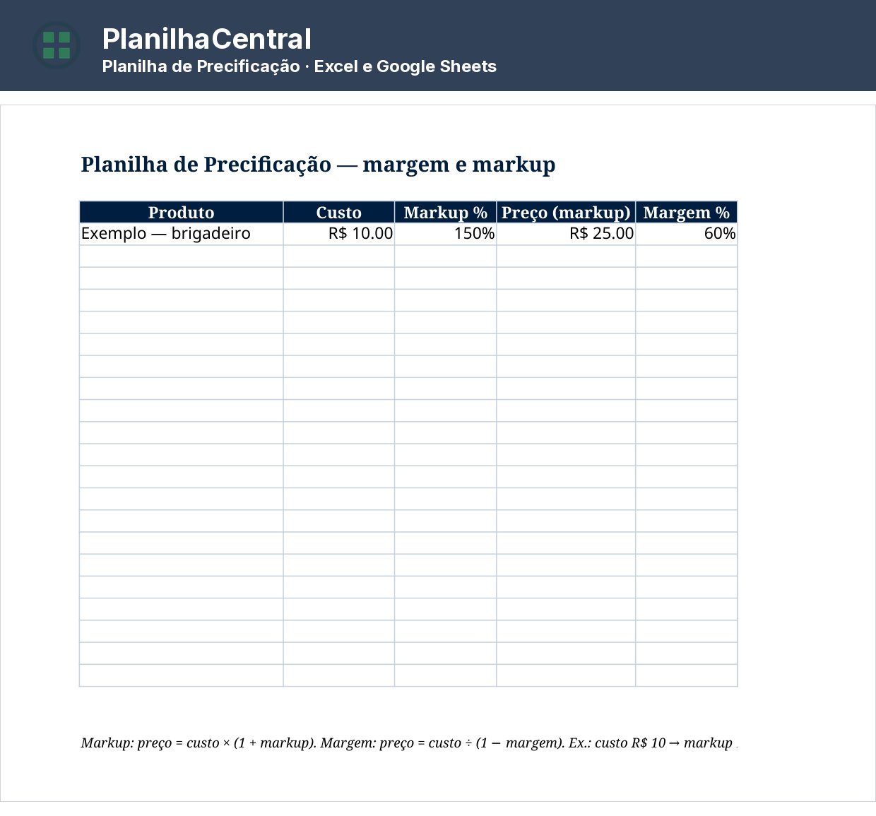 Planilha de precificação calculando o preço de venda a partir do custo por markup e margem